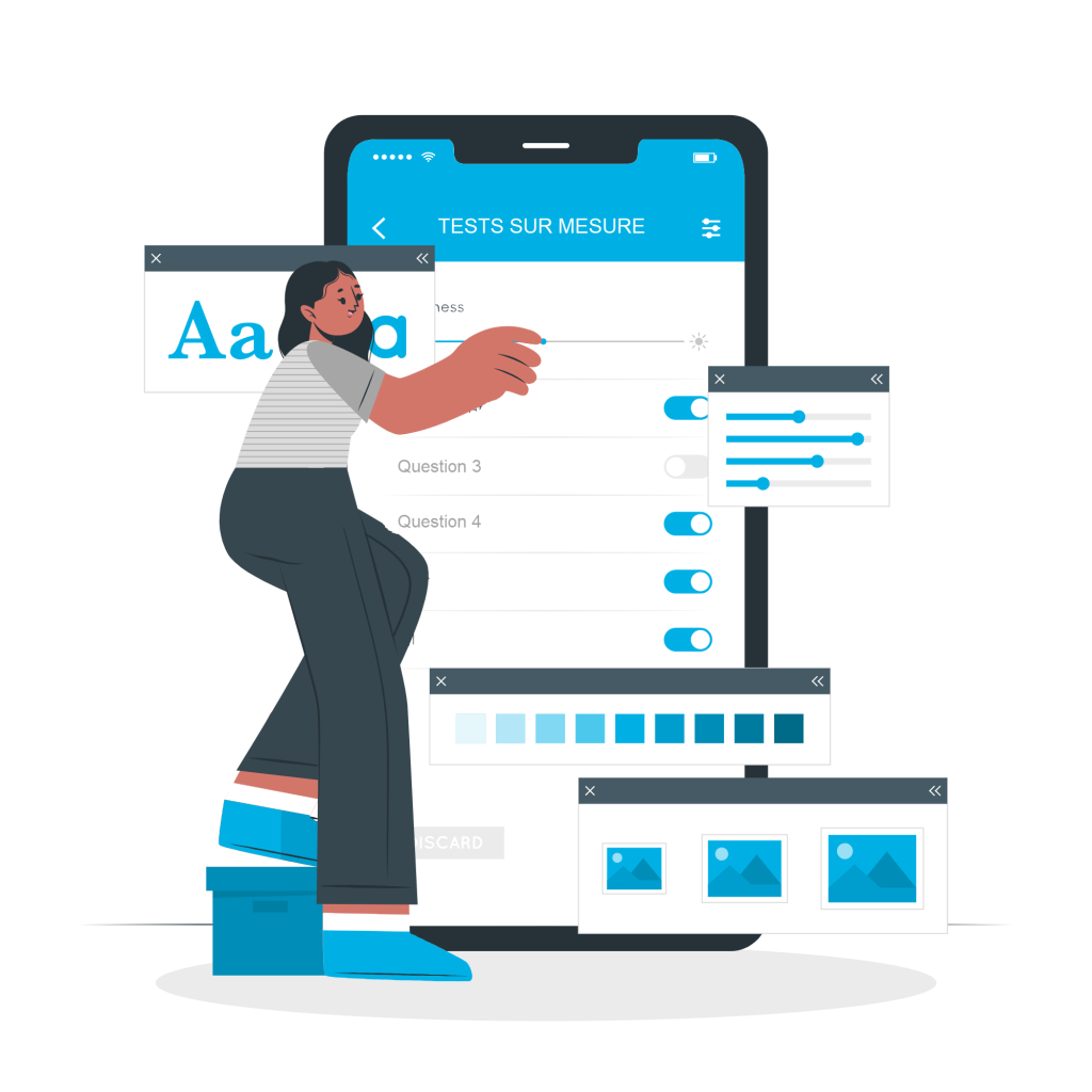 Illustration d'une personne réglant des paramètres sur un grand écran de smartphone, entourée de divers éléments d'interface utilisateur.