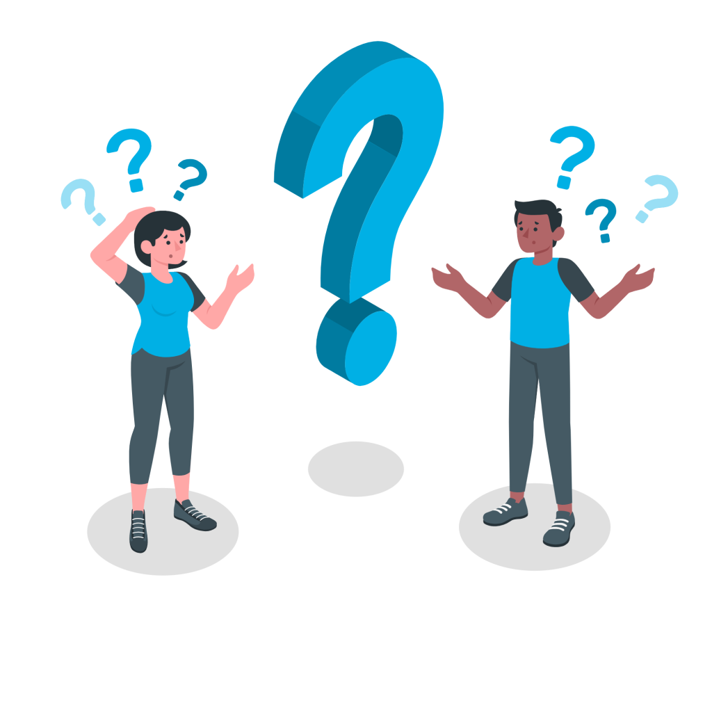 Deux personnages illustrés avec des points d'interrogation au-dessus de leur tête, debout sur des plates-formes circulaires avec un grand point d'interrogation entre eux.