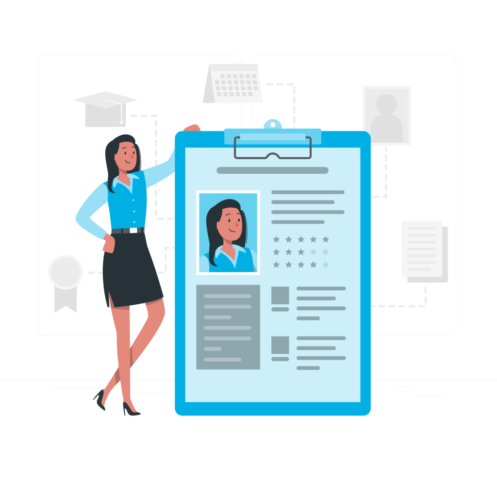 Illustration d'une femme debout à côté d'un grand presse-papiers sur lequel figure son curriculum vitae.