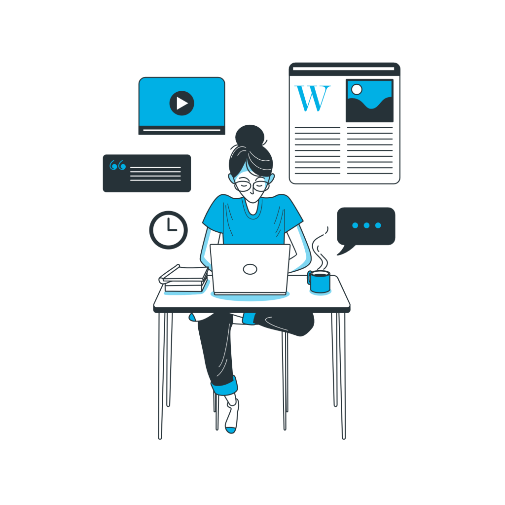 Person working on a laptop at a desk with books and a mug, surrounded by floating icons.