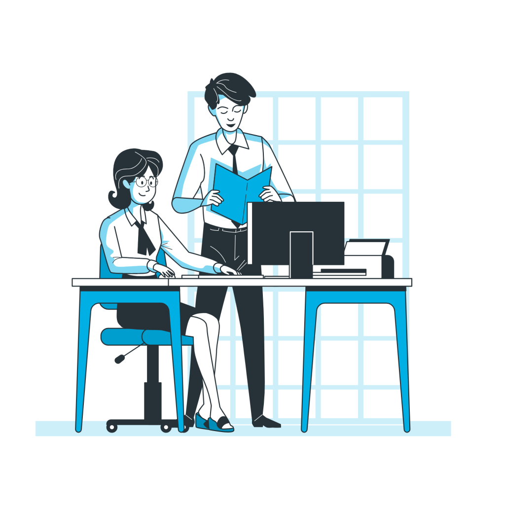 Illustration de deux personnes dans un bureau ; l'une est assise à un bureau et utilise un ordinateur, l'autre est debout et tient un livre.
