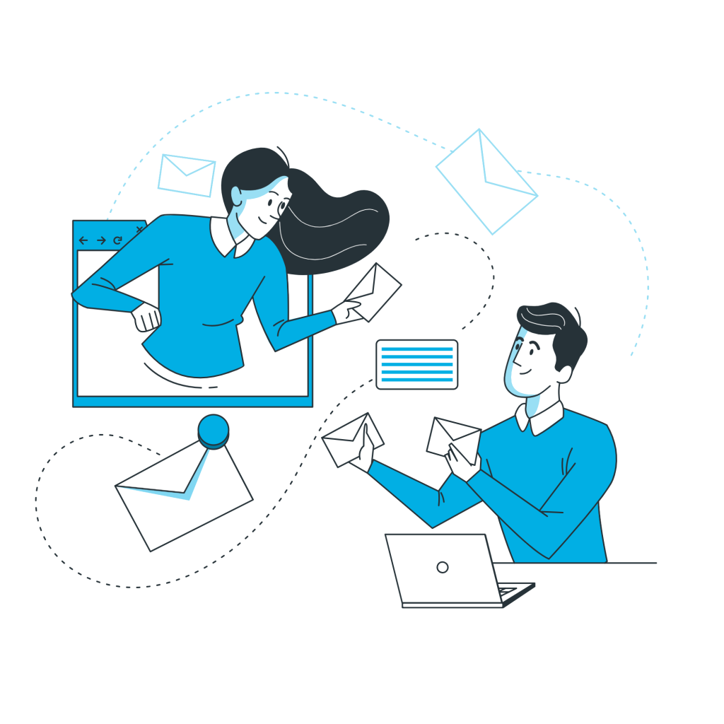  Illustration of two people exchanging emails, with icons of envelopes and a laptop.