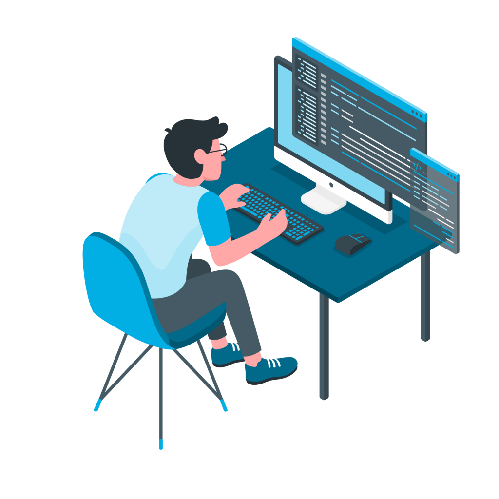 An illustration of a person sitting at a desk, working on a computer displaying coding interfaces.