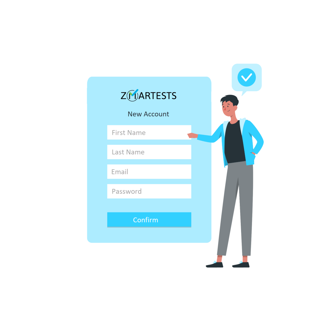 Sign-up form for ZMARTESTS with fields for first name, last name, email, and password. Illustrated character pointing at the form.